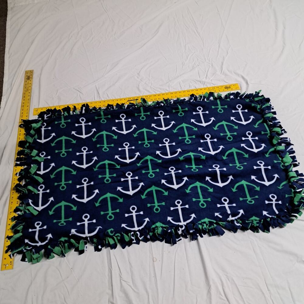 Handmade Dbl Fleece Tie Blanket Baby Crib Stroller Car Seat Green White Anchors